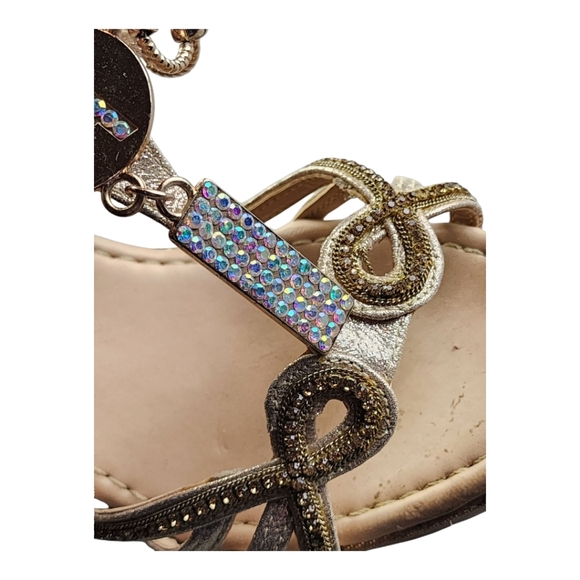 Secreto di Bella Gold Wedge Sandals Size EU 38 Rhinestone Charm Cork Heel Dressy - Picture 12 of 16